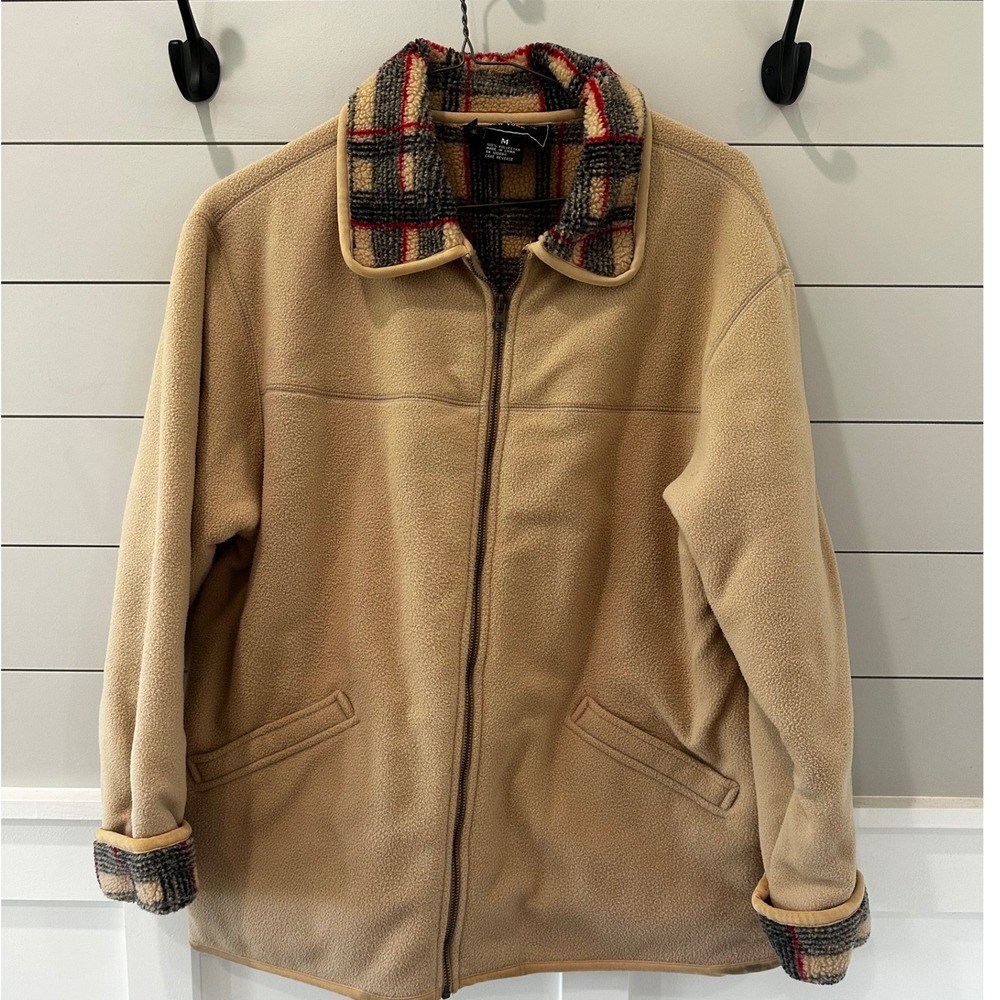 COACO New York Tan Full Zip Fleece Jacket Plaid Lined Collar Cuffs Medium